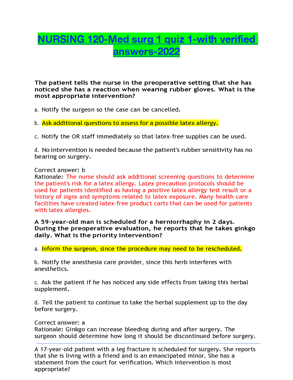 Preview of NURSING 120-Med surg 1 quiz 1-with verified answers-2022
